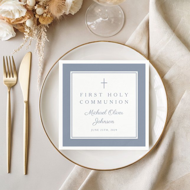 Modern Dusty Blue Religious Boy First Communion Napkin (Modern Dusty Blue Religious Boy First Communion Napkins)