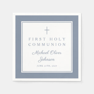 Modern Dusty Blue Religious Boy First Communion Napkin