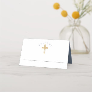 Modern Dusty Blue Religious Boy First Communion Place Card