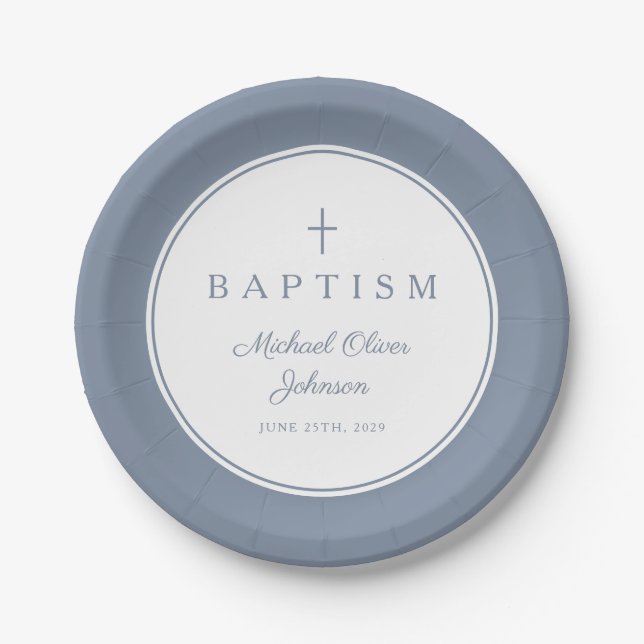 Modern Dusty Blue Religious Cross Baptism Paper Plate (Front)