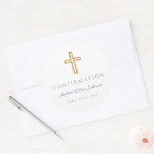 Modern Dusty Blue Religious Cross Boy Confirmation Classic Round Sticker
