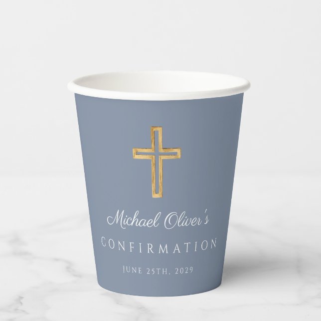 Modern Dusty Blue Religious Cross Boy Confirmation Paper Cups (Front)