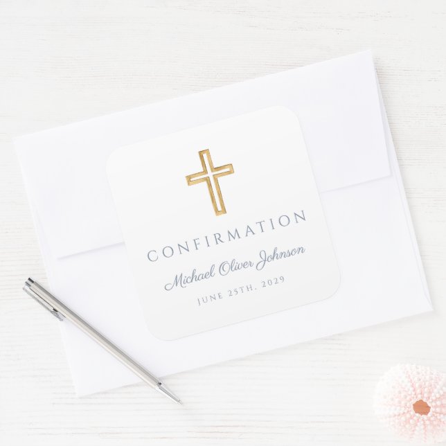 Modern Dusty Blue Religious Cross Boy Confirmation Square Sticker (Envelope)