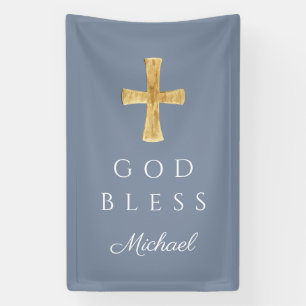 Modern Dusty Blue Religious Cross Boy God Bless Banner