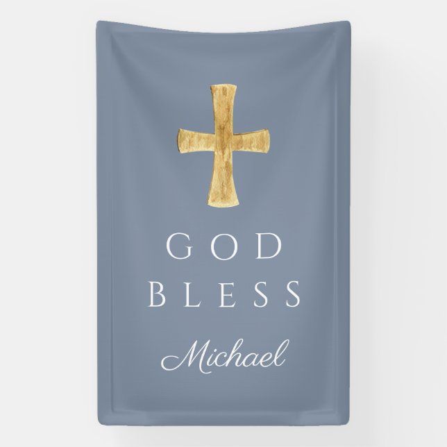 Modern Dusty Blue Religious Cross Boy God Bless Banner (Vertical)