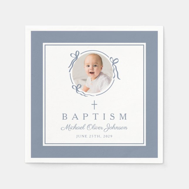 Modern Dusty Blue Religius Cross Boy Baptism Napkin (Front)