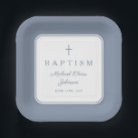 Modern Dusty Blue Religius Cross Boy Baptism Paper Plate<br><div class="desc">Modern Dusty Blue Religius Cross Boy Baptism Square Paper Plates.</div>