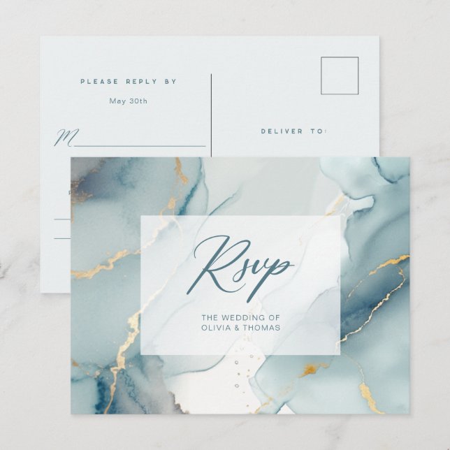 Modern Dusty Blue Script Beach Wedding Meal RSVP Invitation Postcard (Front/Back)