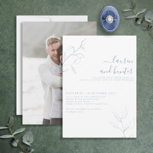 Modern Dusty Blue Script Botanical Photo Wedding Invitation