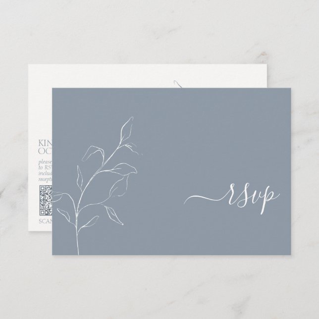 Modern Dusty Blue Script Botanical QR Code RSVP (Front/Back)