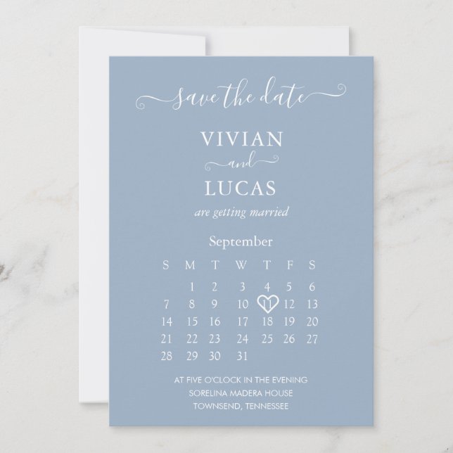 Modern Dusty Blue Script Calendar Save the Date Invitation (Front)