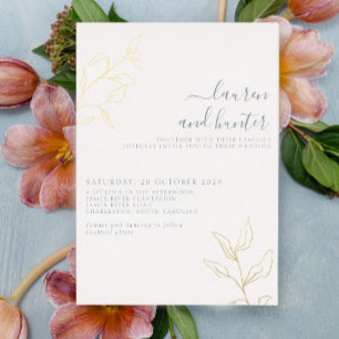 Modern Dusty Blue Script Gold Botanical Wedding