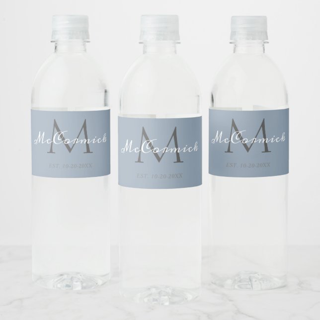 Modern Dusty Blue Script Monogram Wedding Water Bottle Label (Bottles)
