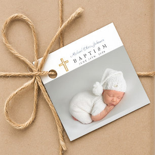 Modern Dusty Blue Script Photo Baptism  Favour Tags
