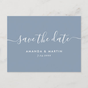 Modern Dusty Blue Script Wedding Save The Date Announcement Postcard