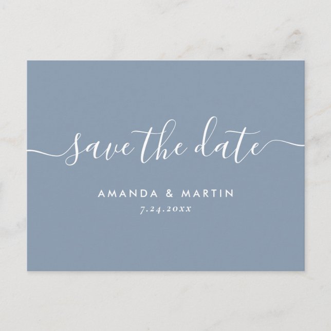 Modern Dusty Blue Script Wedding Save The Date Announcement Postcard (Front)