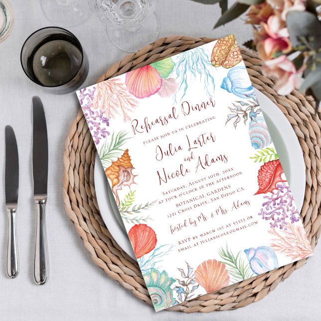 Modern Dusty Blue Sea Shell Beach Rehearsal Dinner Invitation (Creator Uploaded)