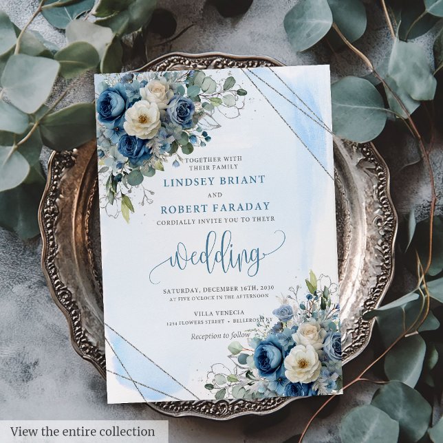 Modern Dusty Blue Silver Floral Wedding Invitation (Modern Dusty Blue Silver Floral Wedding Invitation)