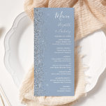 Modern Dusty Blue Silver Glitter Edge Wedding Menu<br><div class="desc">The left-hand edge of this elegant modern wedding menu features a silver faux glitter design. The customizable text combines white handwriting,  copperplate and italic fonts on a dusty blue background. The reverse side features a matching dusty blue and silver glitter design.</div>