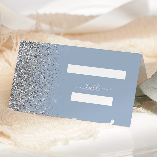 Modern Dusty Blue Silver Glitter Edge Wedding Place Card (Creator Uploaded)