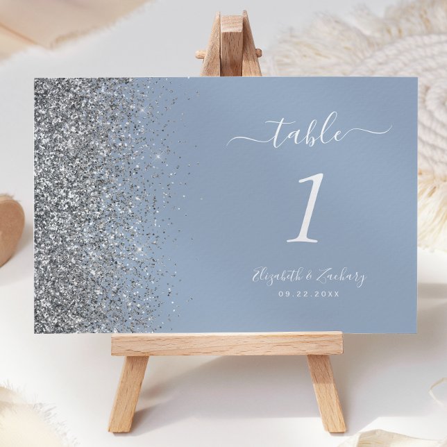 Modern Dusty Blue Silver Glitter Edge Wedding Table Number (Creator Uploaded)