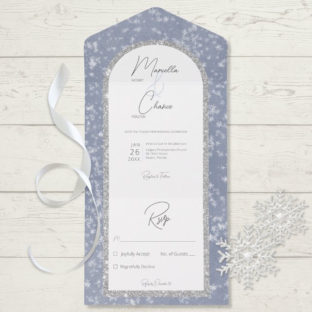 Modern Dusty Blue & Silver Glitter Snow No Dinner All In One Invitation (Creator Uploaded)