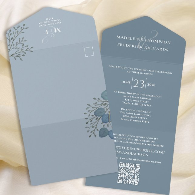 Modern Dusty Blue Simple Minimalist QR Code RSVP All In One Invitation (Creator Uploaded)
