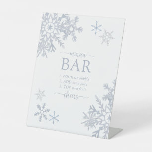 Modern Dusty Blue Snowflake Winter Mimosa Bar Pedestal Sign