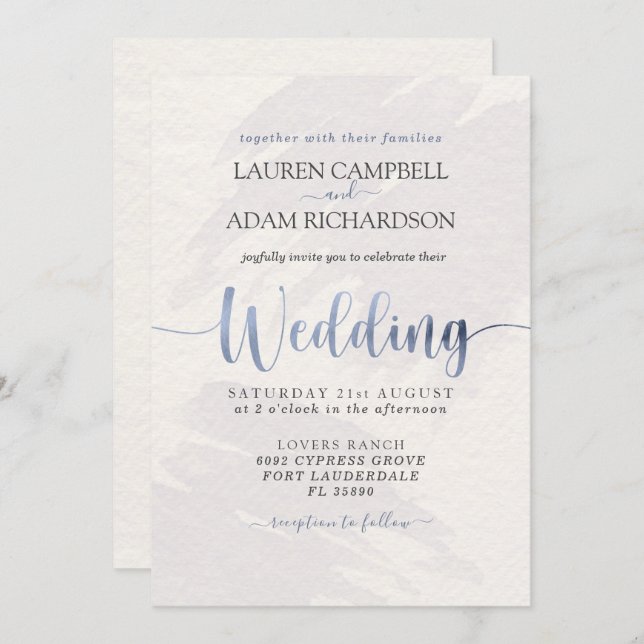 Modern Dusty Blue Typography Watercolor Invitation (Front/Back)