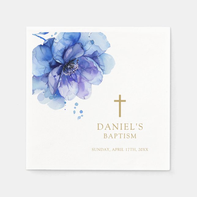 Modern Dusty Blue Watercolor Floral Baptism Napkin (Front)