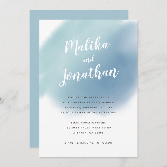 Modern Dusty Blue Watercolor Ombre Wedding Invitation (Front/Back)