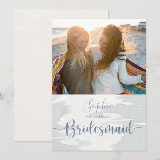 Modern Dusty Blue  Watercolor Script Photo Card (Front/Back)