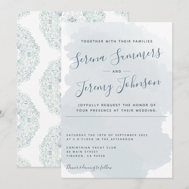 Modern Dusty Blue Watercolor Wash Beach Wedding Invitation (Front/Back)