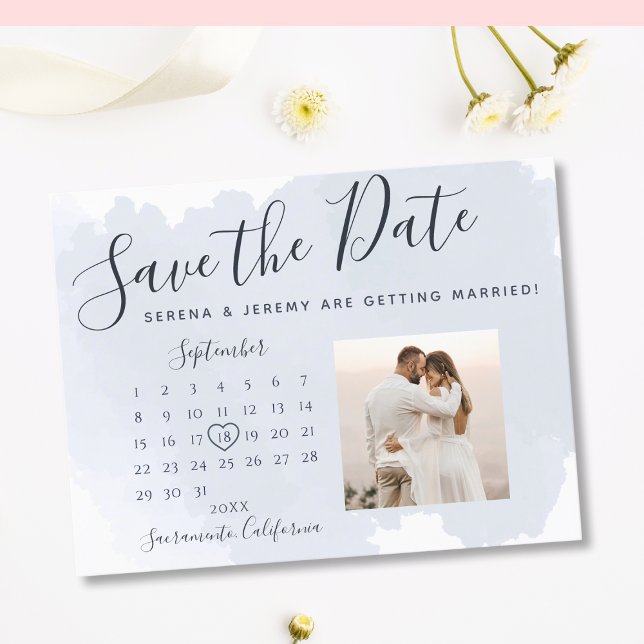 Modern Dusty Blue Watercolor Wash Wedding Calendar Announcement Postcard (Creator Uploaded)