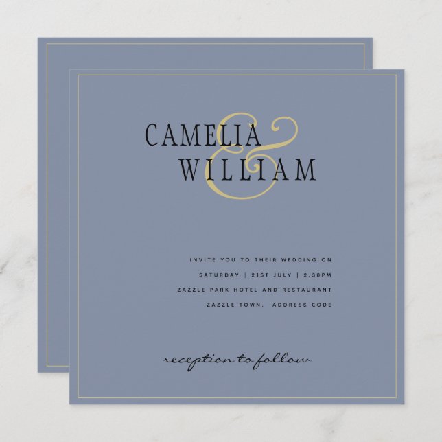 Modern Dusty Blue Wedding Invitation Gold (Front/Back)