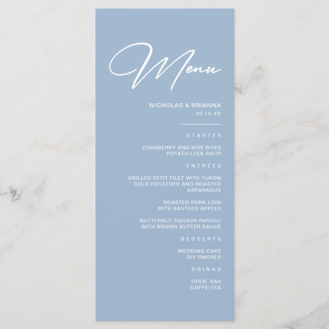 Modern Dusty Blue Wedding  Menu (Front)