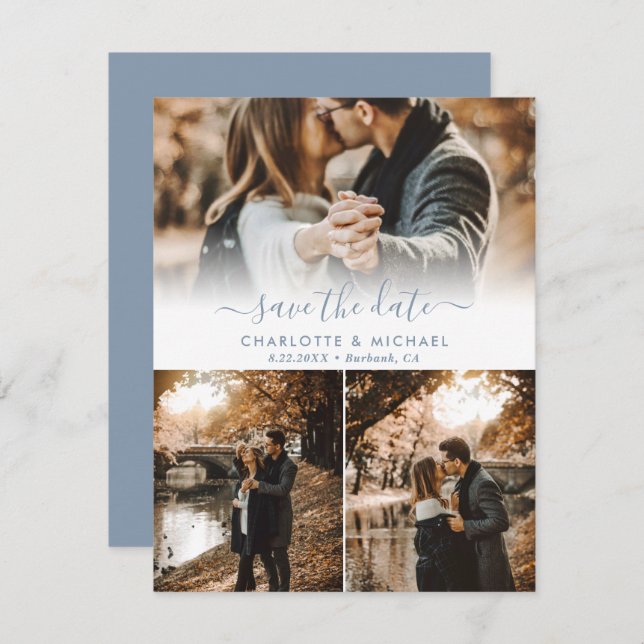 Modern Dusty Blue Wedding Photo Save The Date Card (Front/Back)