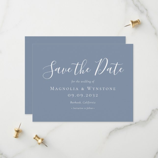 Modern Dusty Blue Wedding Save The Date (Front/Back In Situ)