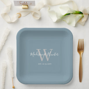 Modern Dusty Blue Wedding Script Monogram  Paper Plate