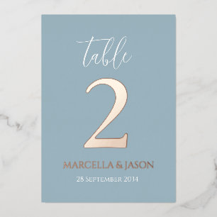 Modern Dusty Blue Wedding Table Number Rose Gold