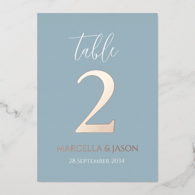 Modern Dusty Blue Wedding Table Number Rose Gold  (Front)