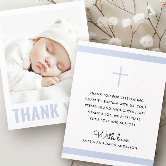 Modern dusty blue white baptism christening photo  thank you card (Modern dusty blue white baptism christening photo thank you card
)
