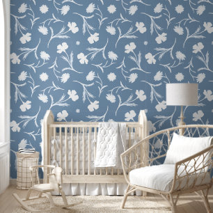  Modern Dusty Blue White Floral Liberty Cute Girly Wallpaper