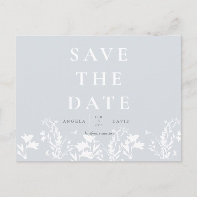 Modern Dusty Blue White Floral Save the Date Postcard (Front)