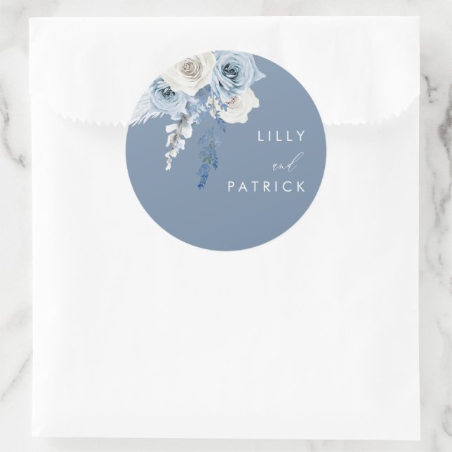 Modern Dusty Blue & White Floral Wedding Classic Round Sticker (Bag)