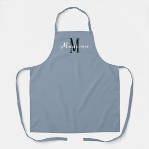 Modern Dusty Blue White Script Monogram Name Apron