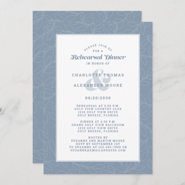 Modern Dusty Blue White Wedding Rehearsal Dinner Invitation (Front/Back)