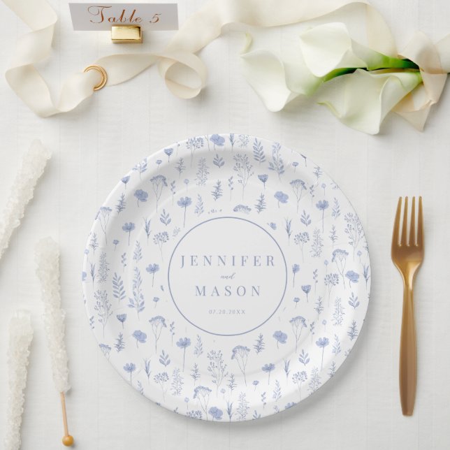 Modern dusty blue wildflower wedding paper plates (Wedding)