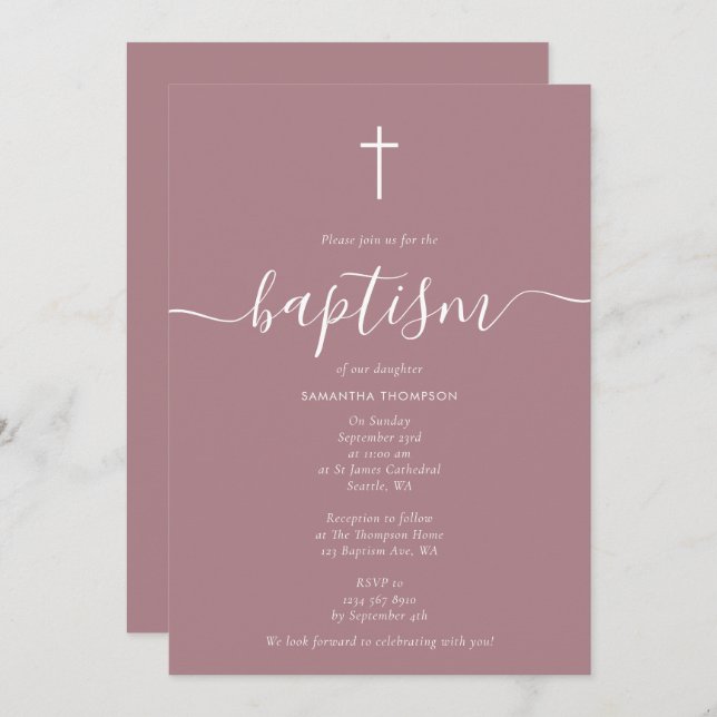 Modern Dusty Blush Rose Pink Christening Baptism  Invitation (Front/Back)