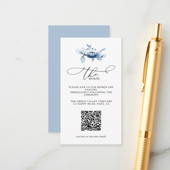 Modern Dusty Floral QR Code Wedding Details Enclosure Card (Front/Back In Situ)